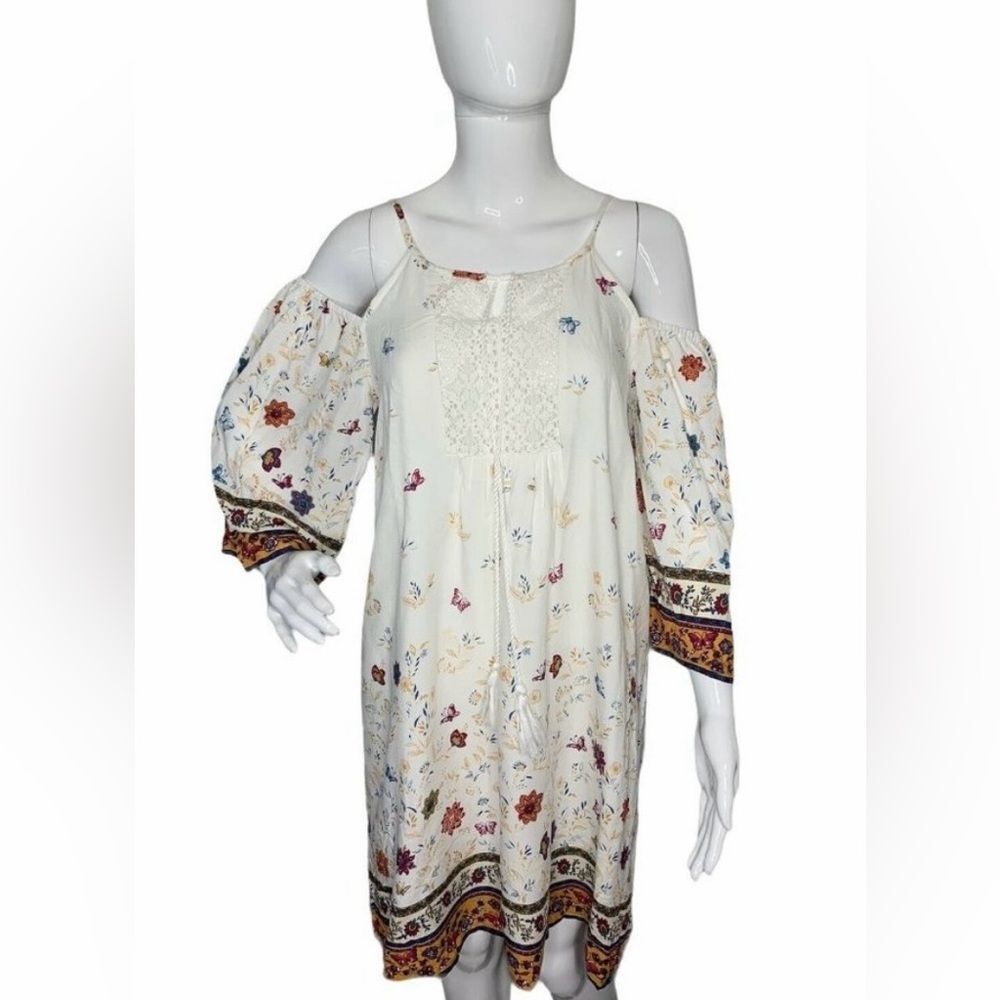 Hem & Thread Women White Floral Boho Tunic Dress Size Small